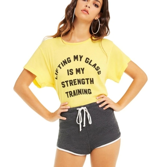 WILDFOX NWT "LIFTING MY GLASS IS MY STRENGTH" YELLOW SHORT SLEEVE … - Picture 1 of 3